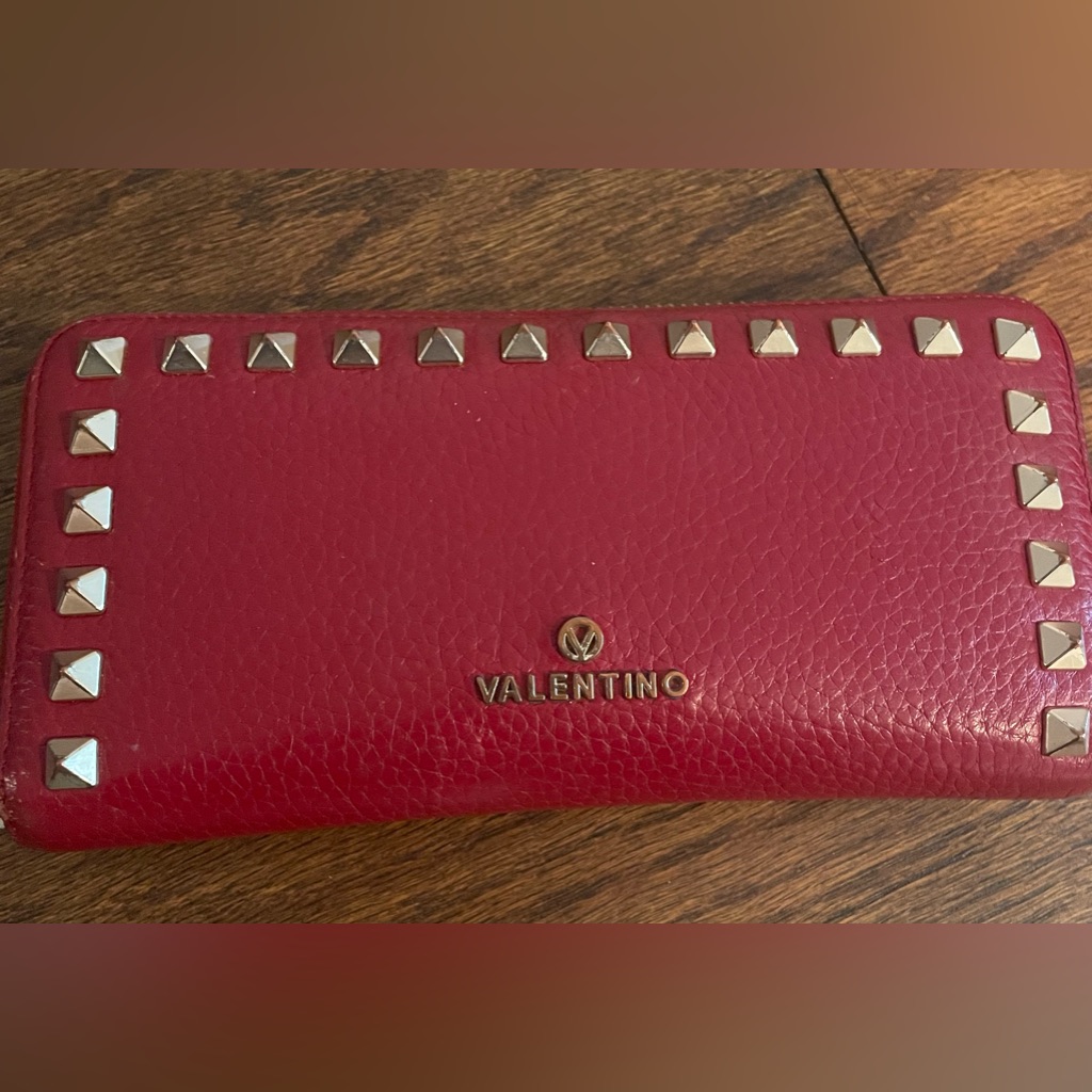 Mario Valentino Red Studded Leather Zip Wallet